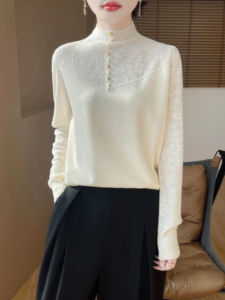 

Women's Knitted Long Sve f High Collar Fce Lined Base Layer irt Lace Splicing Embroidery Warm Sli Inner Wear