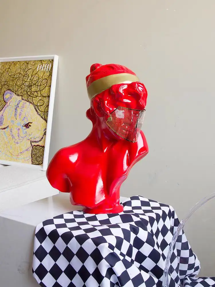 Home Decoration Red Mask Girl Abstract Figure Sculpture Art Installation Statue Decor Bar Medical Beauty Salon Ornament Gifts