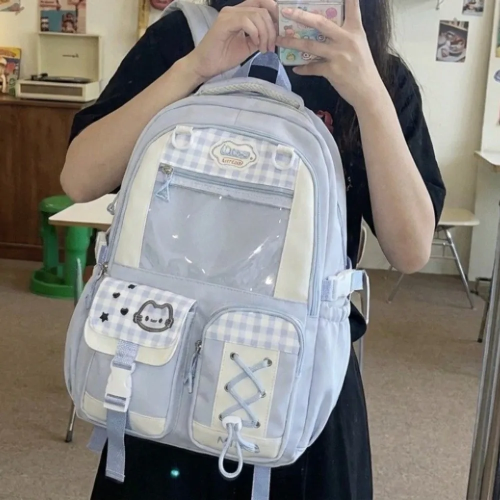 Preppy Style Multi-Compartment School Backpack Large Capacity Multi-Pocket Plaid Color Block Daypack Zipper Lightweight Rucksack