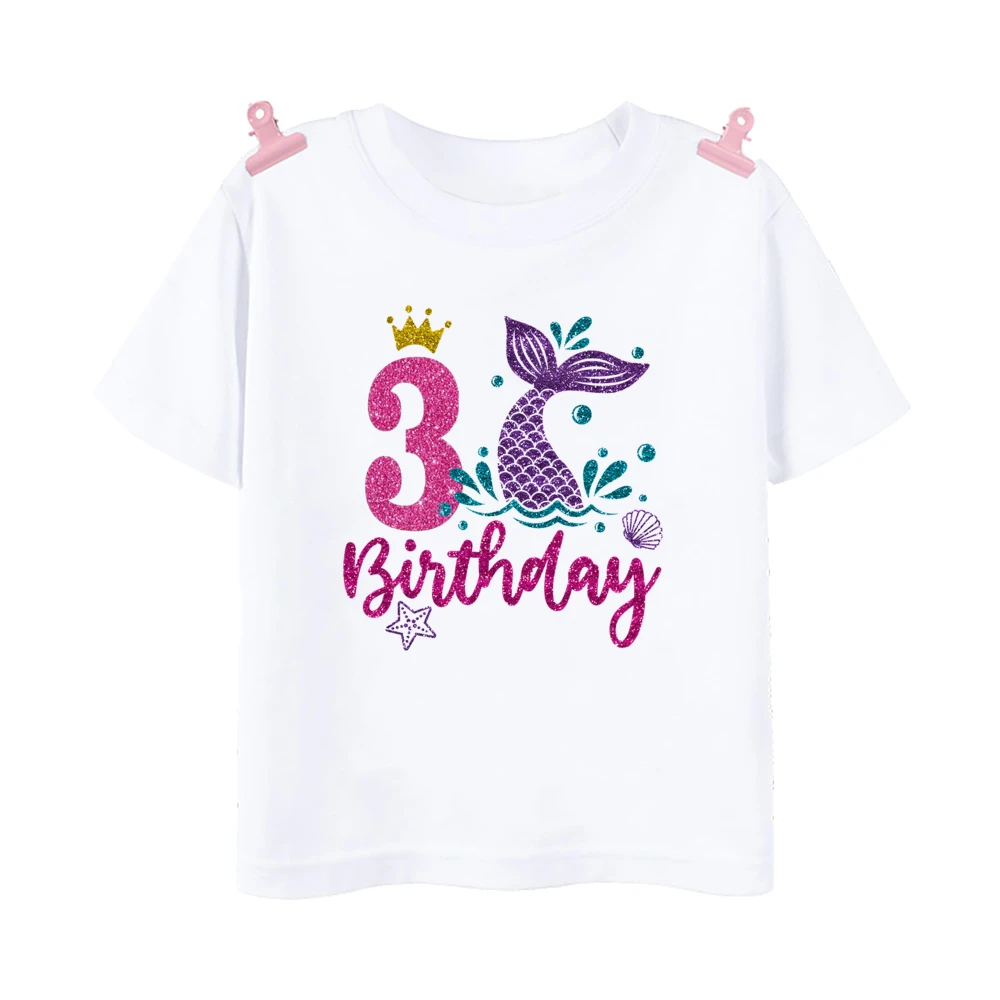 Sea Animal Fish Shell Starfish Print Birthday Shirts 1-9 Birthday T-shirt Girls Party T Shirt Ocean Theme Clothes Kids Top Shirt