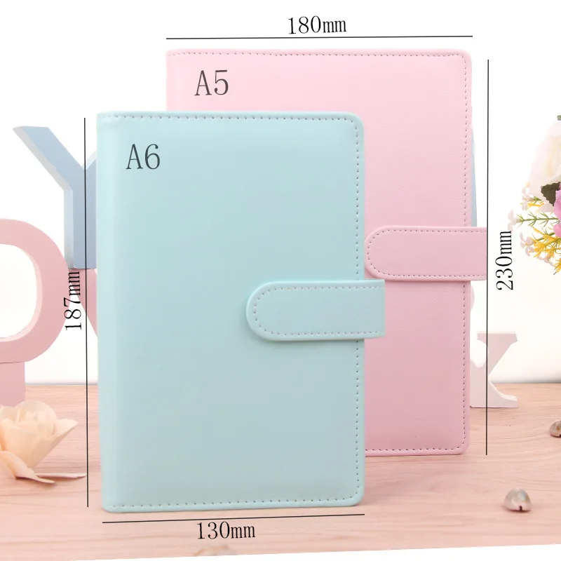 Macaron Color A5 A6 6 Ring Binder PU Clip-on Notebook Leather Loose Leaf Notebook Cover Notebooks Journal Kawaii Stationery