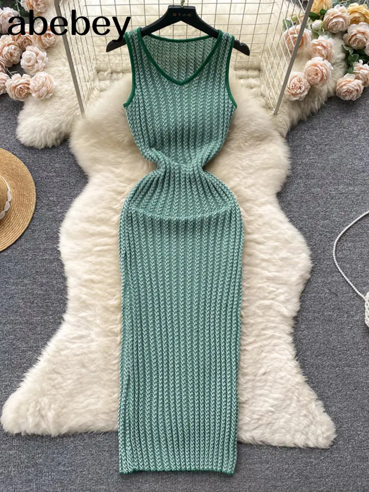 Green Strip Summer Knit Sexy Strap Dress Women Tank Elatic Waist Bodycon Sundress Female Beach Backless Long Dress