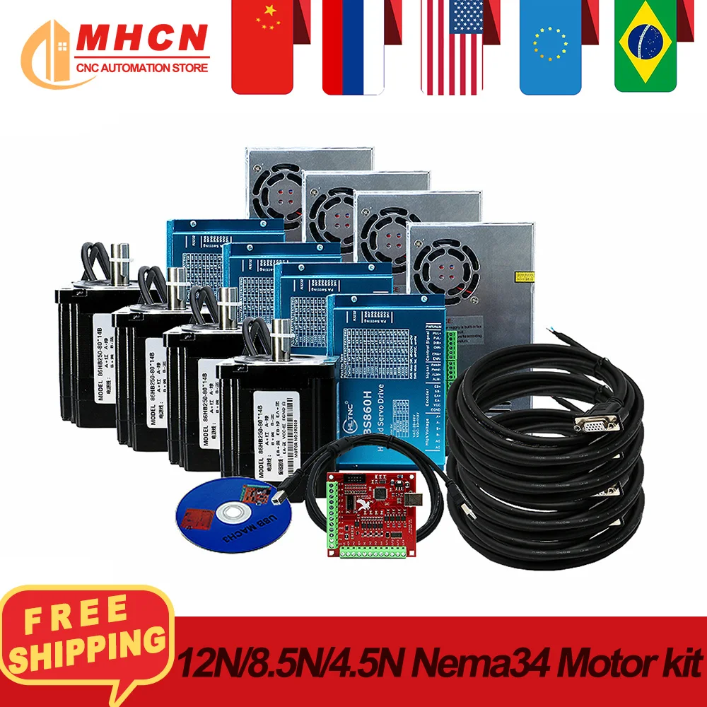 EU warehouse 1set/3set/4set 12Nm 8.5Nm 4.5Nm Nema34 Close Loop Stepper Motor + HBS860H Motor Driver + 400w60v6.67A Power Supply