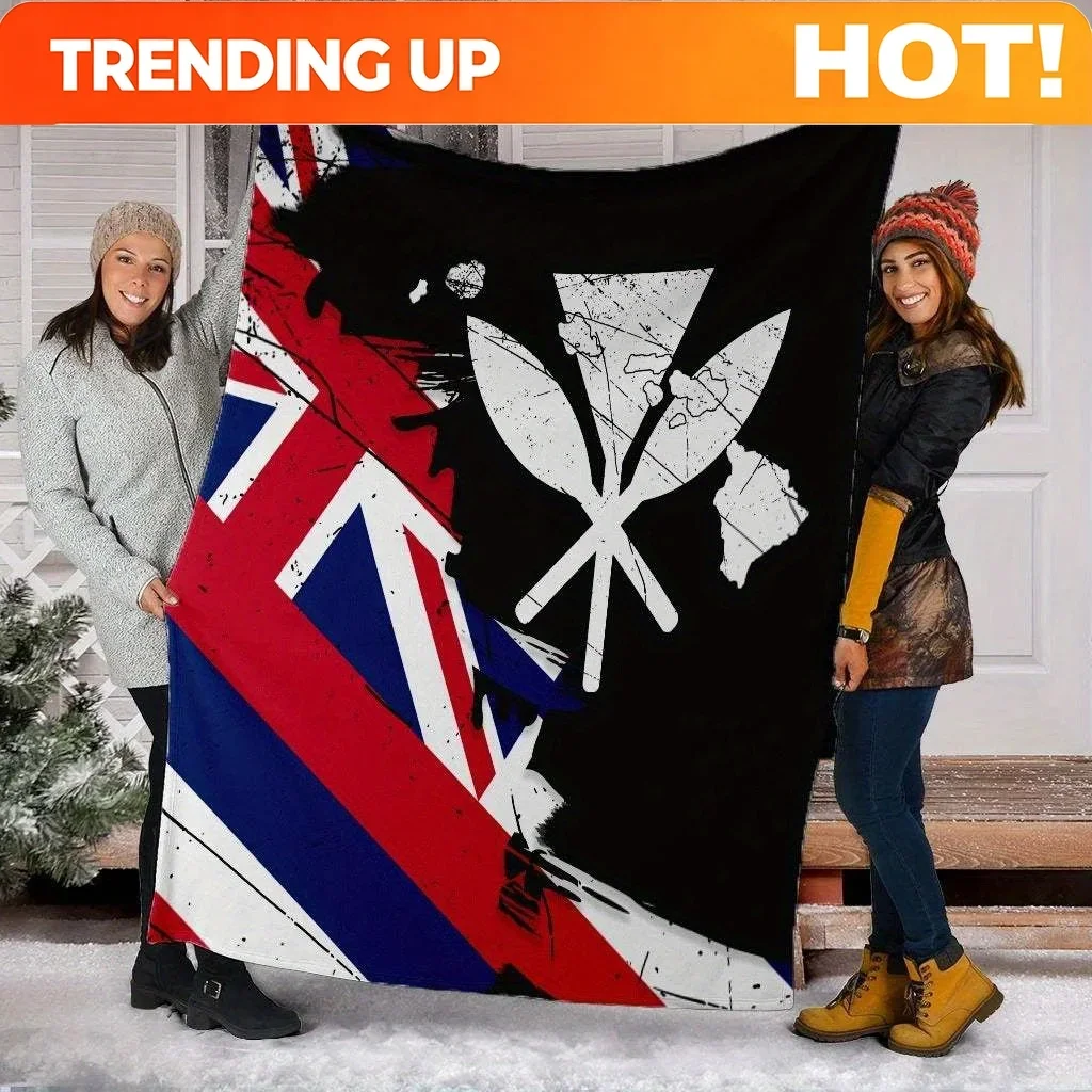 Custom 1pc Hawaiian Flag & Map Design Flannel Blanket - Cozy, Soft, Quick-Dry Polyester Throw With Vibrant Colors For Beach, Hom