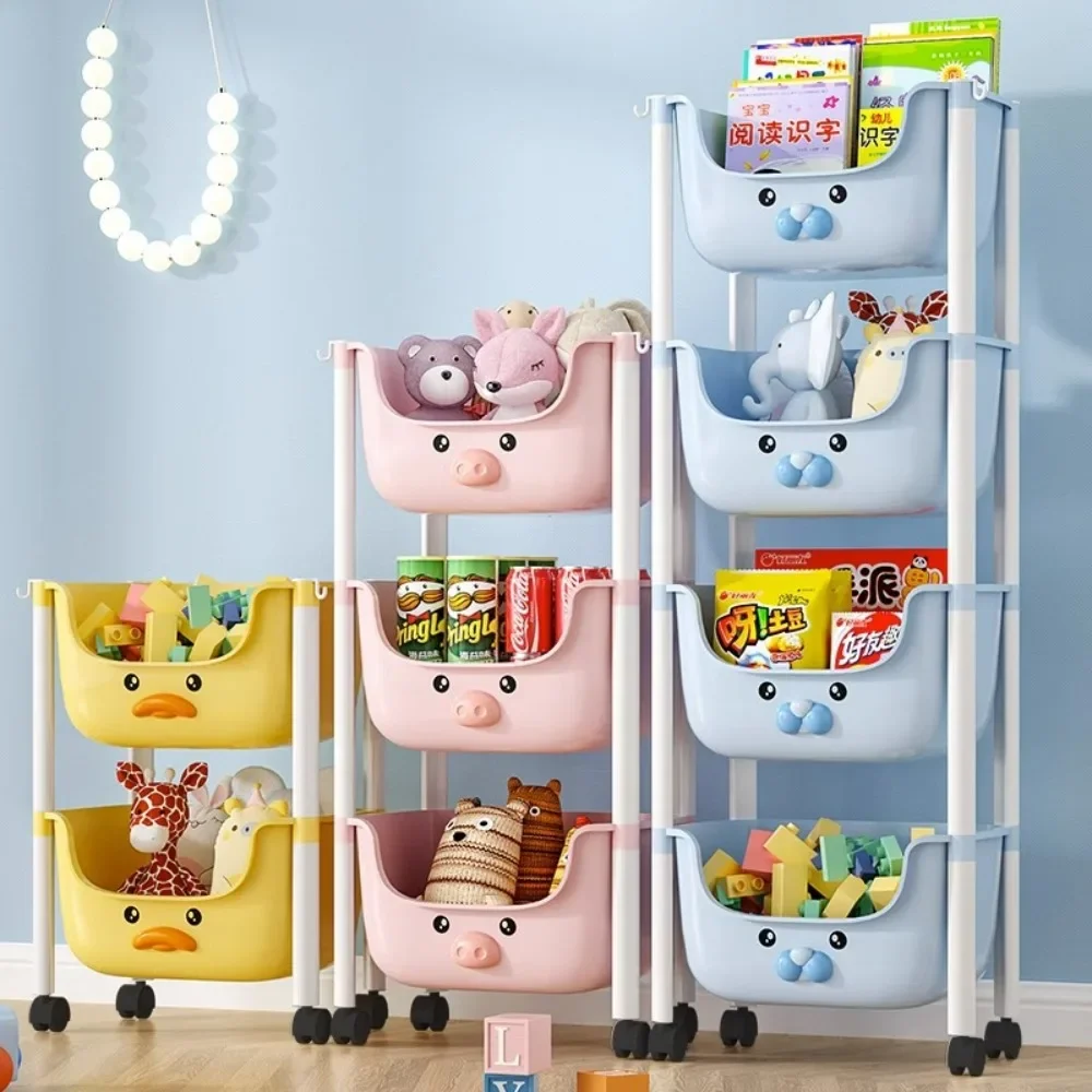 Toys Storage Trolley 4 Tier Children Toy Storage Racks Household Bookshelf Picture Book Rack Movable Cute Cartoon Snack Trolley