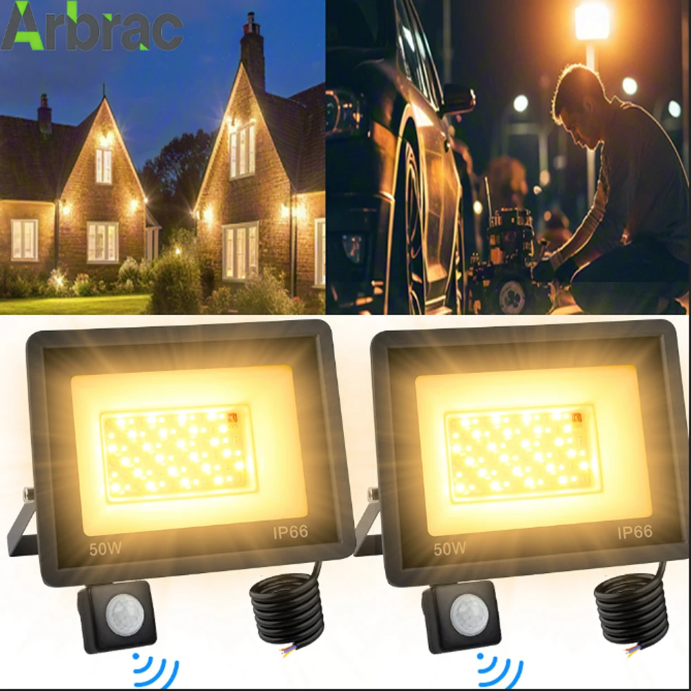 150W/100W/50W LED-Flutlicht mit PIR-Bewegungssensor, warmes Licht, LED-Außenstrahler, wasserdichter Projektor für Garten, Hotel, Hinterhof, Garage