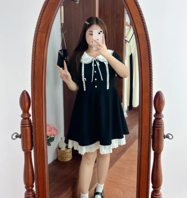 جديد كبير الحجم فتاة حلوة بيتر بان طوق الدانتيل متابعة القوس فستان موضة عالية الخصر ألف خط الحد من العمر فساتين يابانية متعددة الاستخدامات #5