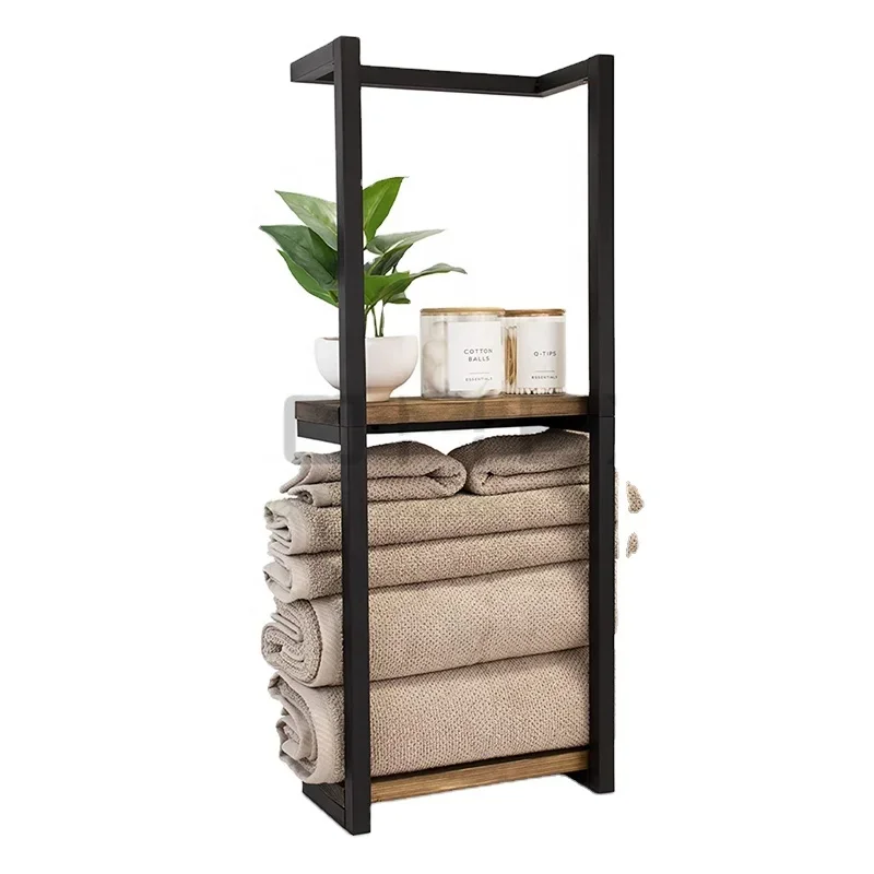 

Wall Mount Towel Storage Rack with Wooden Shelves Towels Holder Bathroom Shelf