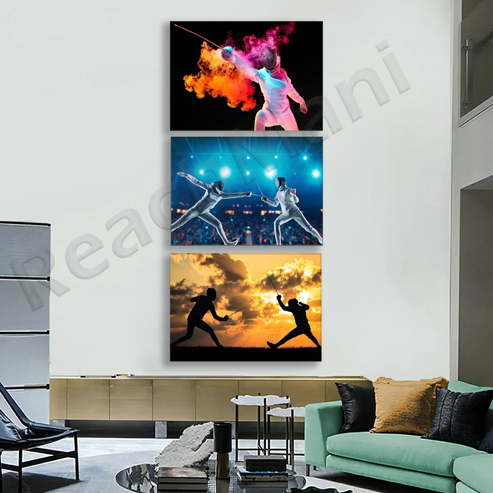 Abstract fencing canvas, fencing wall art, colorful smoke print, fencing mask art, sports poster, gift for fencing lovers