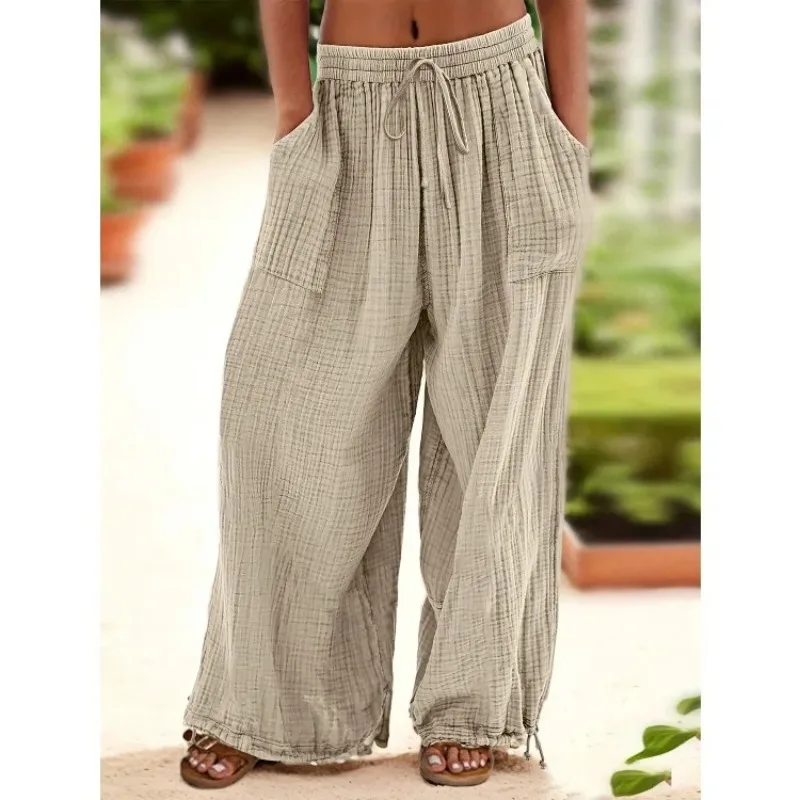 Plus Size Women's Casual  High Elastic Waist Harem Pants Solid Color Bandage Wide Leg Pants with Pockets Soft Slacks Trousers