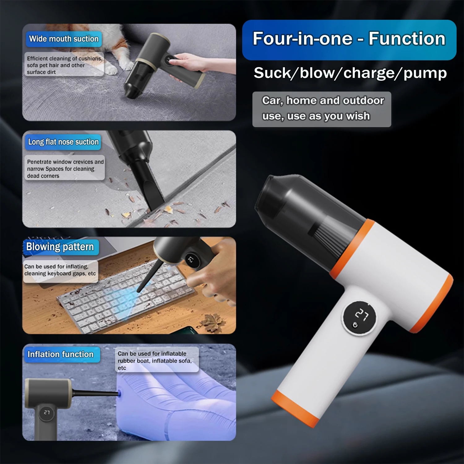 Беспроводной ручной пылесос 3-в-1, перезаряжаемый пылесос с циклонным всасыванием для удаления пыли на ПК, автомобиля, дома и офиса