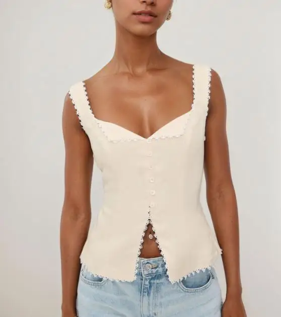 

Elegant Women's Vest Summer New V-Neck Lace Patchwork Border Design Fashionable and Sexy Pure Desire Style Sleeveless Vest