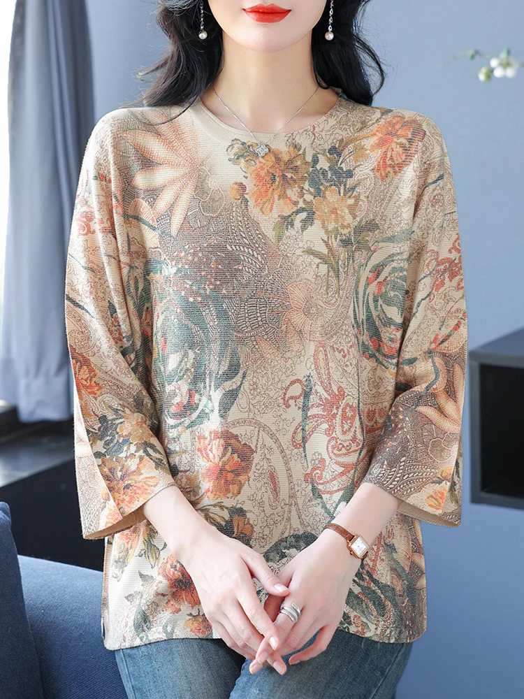 

Floral Print Summer Knitted T Shirt Women Sweater Pullovers Clothes For Women Tees Top Three Quarter Women's T-shirt