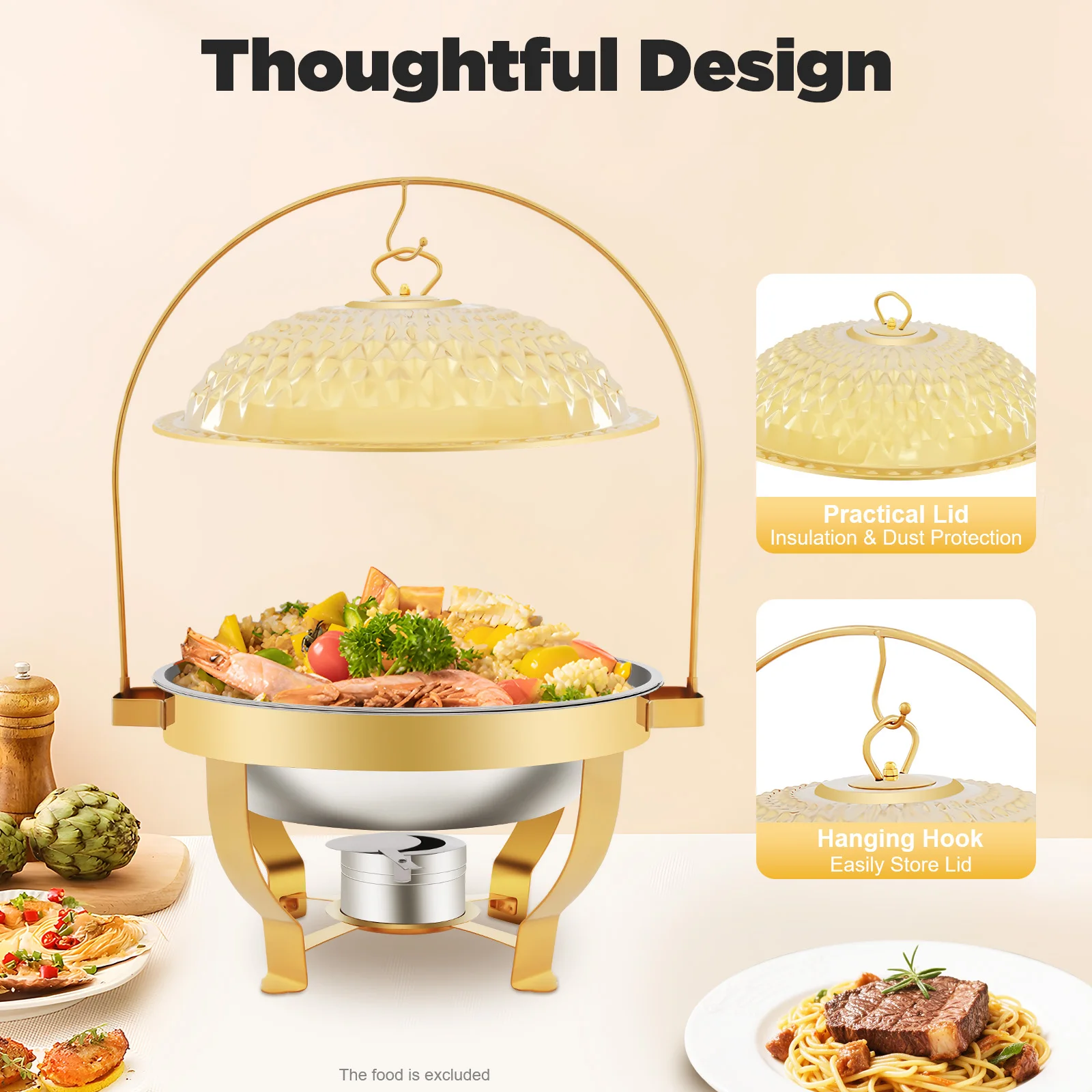 

Золотой шведский стол, подогреватель еды, жаровня с горелкой для спирта, сервер для вечеринок из нержавеющей стали 6,3QT для общественного питания, свадьбы, домашней кухни