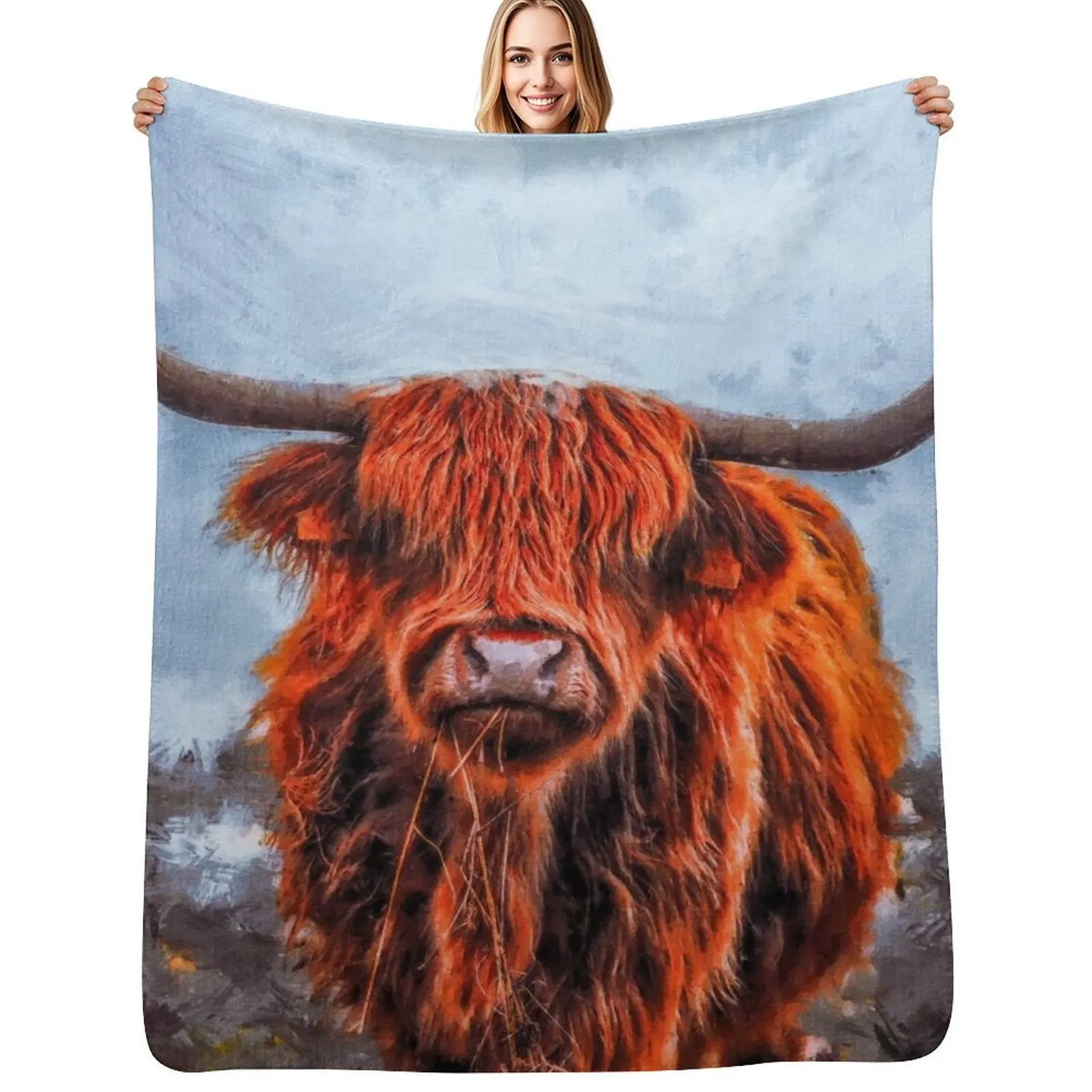 Scottish Hairy Highland Cow painting, Cute Highland Cattle Calf, Highland Cattle Cow Oil Paint, Cute Cow Throw Blanket