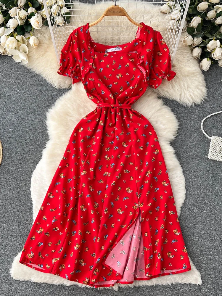 

YuooMuoo Limited Big Sale Fashion Floral Print Women Dress 2022 New Summer Romantic Lace-up Slim Waist Split Long Dress Vestidos