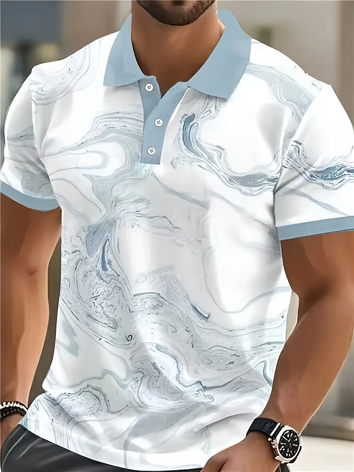 New men's short-sleeve polo shirt T-shirt, loose-fitting and tailored with printed patterns, versatile basic crew-neck top suita