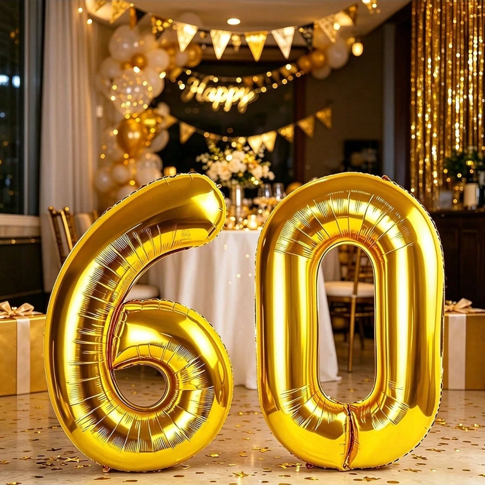Globo de papel de aluminio con el número 60 en color dorado, de 32 pulgadas, para decoración de fiestas de cumpleaños, aniversarios y celebraciones. Globo con forma de número, para inflar con aire o helio. Artículos para fiestas.