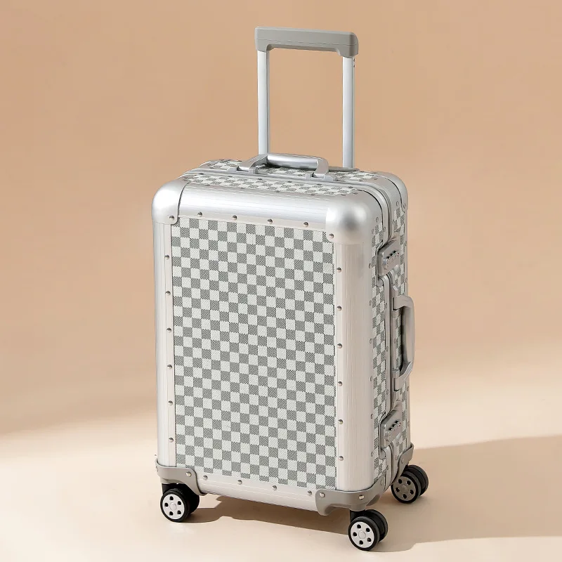 20/26 inch All Aluminum Plaid Vintage Suitcase Set Carry-on Luggage Men Trolley Case Women Boarding Business Trip Suitcase Mute