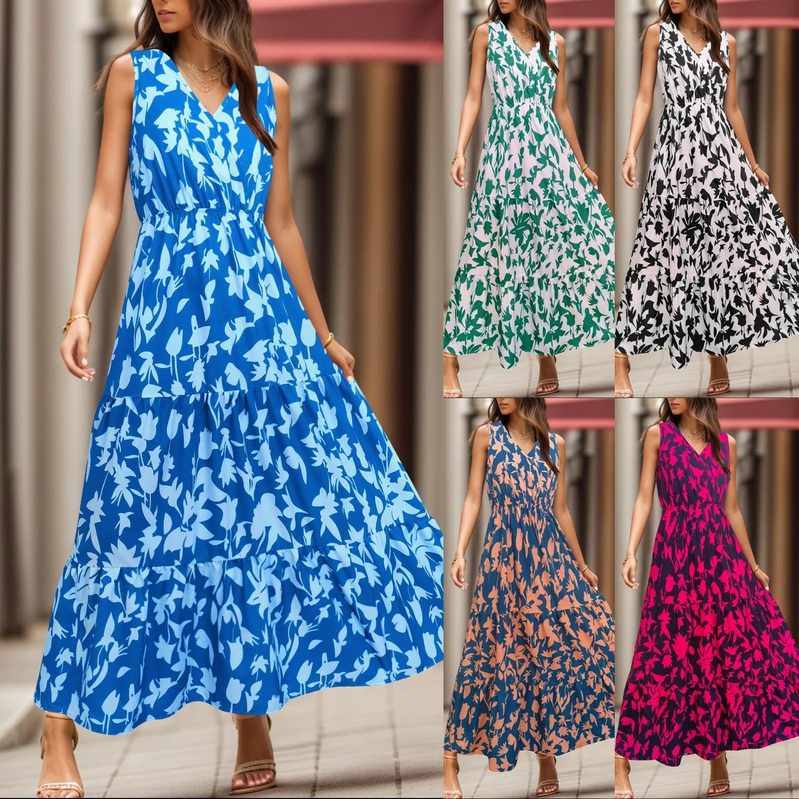 

Elegant Dresses for Women 2024 New Casual Sleeveless Floral Long Dress Fashion Sexy V-neck Bohemian Dresses Elegant Party Dresse