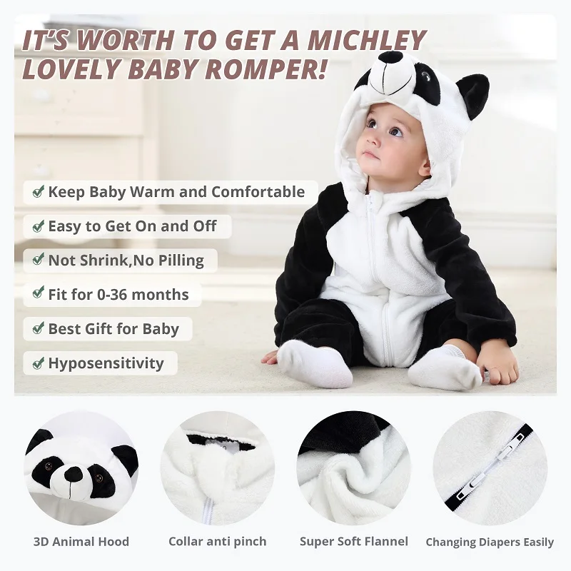 MICHLEY Halloween Panda Flannel Baby Rompers Winter Warm Clothes Costume Hooded Bodysuits Pajamas Overall Jumpsuit For Girl Boy