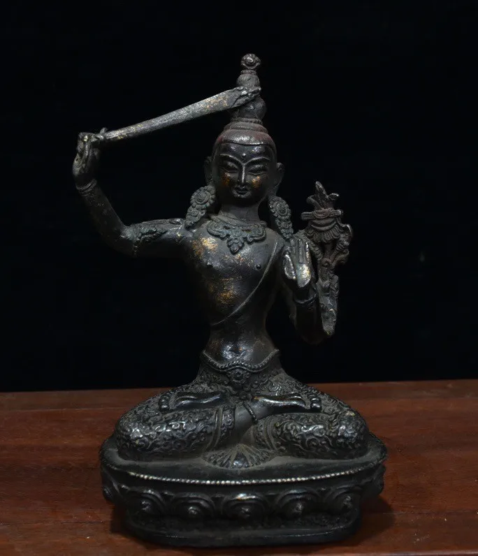 Tibet Buddhism Bronze Gilt Wenshu Manjushri Goddess Buddha Hold Sword Statue