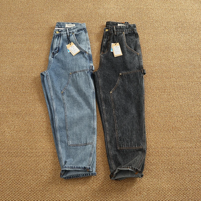 الرجعية الأمريكية سجل قطع الجينز الرجال فضفاض مستقيم الساق مدبب الدنيم السراويل العصرية يغرق المرقعة السراويل الطويلة