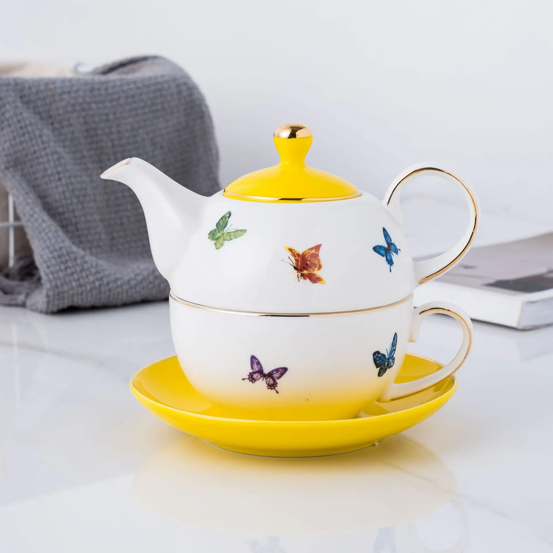 Ceramic Tea for One Set, Teapot with Infuser and Cup Set for One, Blue Flowers/Yellow Butterfly Tea Set with Honey Dipper Stick