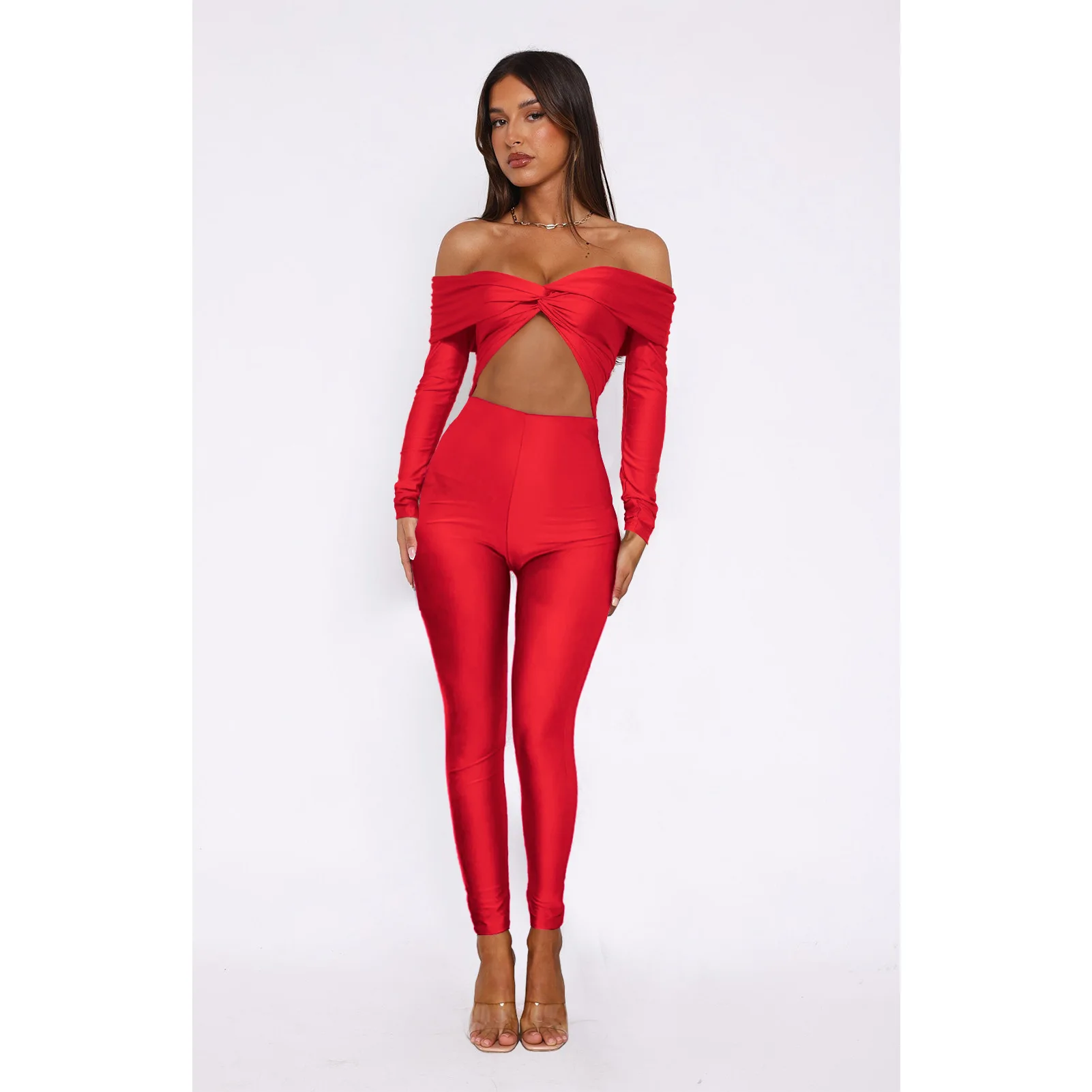 Women's Solid Color Lapel Twisted Hollow Exposed Navel Sexy High Waisted Long Sleeved Jumpsuit 2024 Autumn