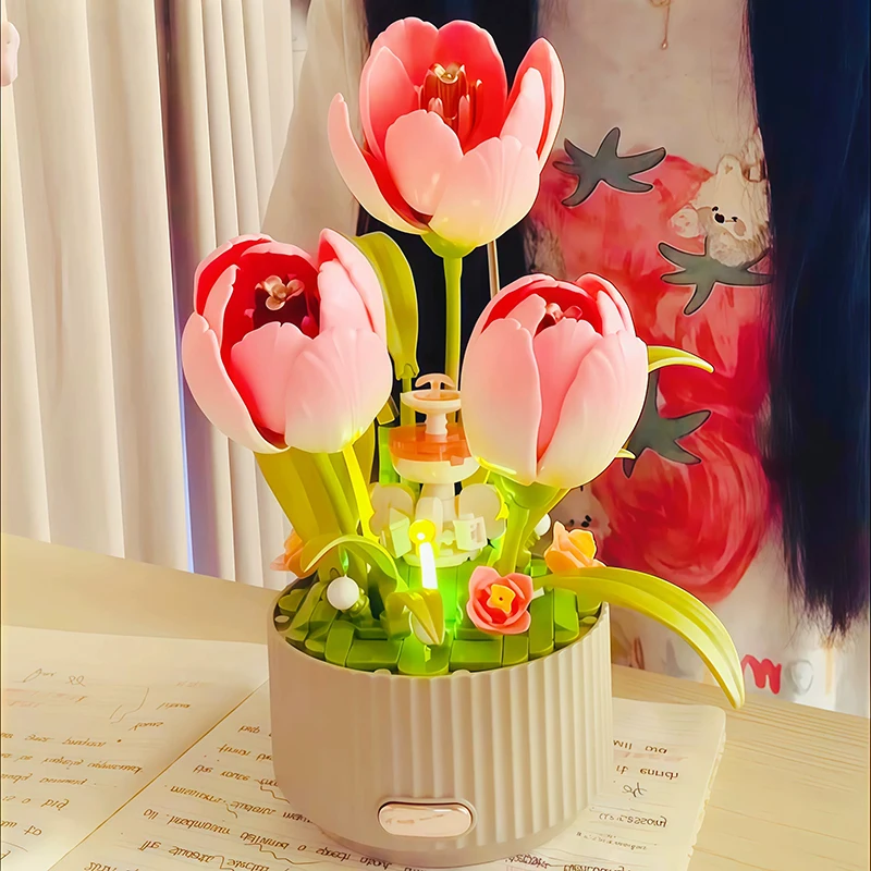 New Dynamic Building Block Flower Electric Assembly Tulip Watering Can Control Flower Bouquet Atmosphere Decoration Girl Gift