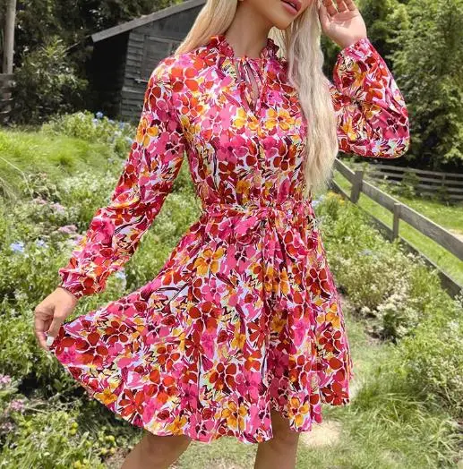 

Autumn New Original Women's Lace Up Slim Fit Floral Print Dress, Women's Elegant Long Sleeved Waist Cinched Lace Up Dress
