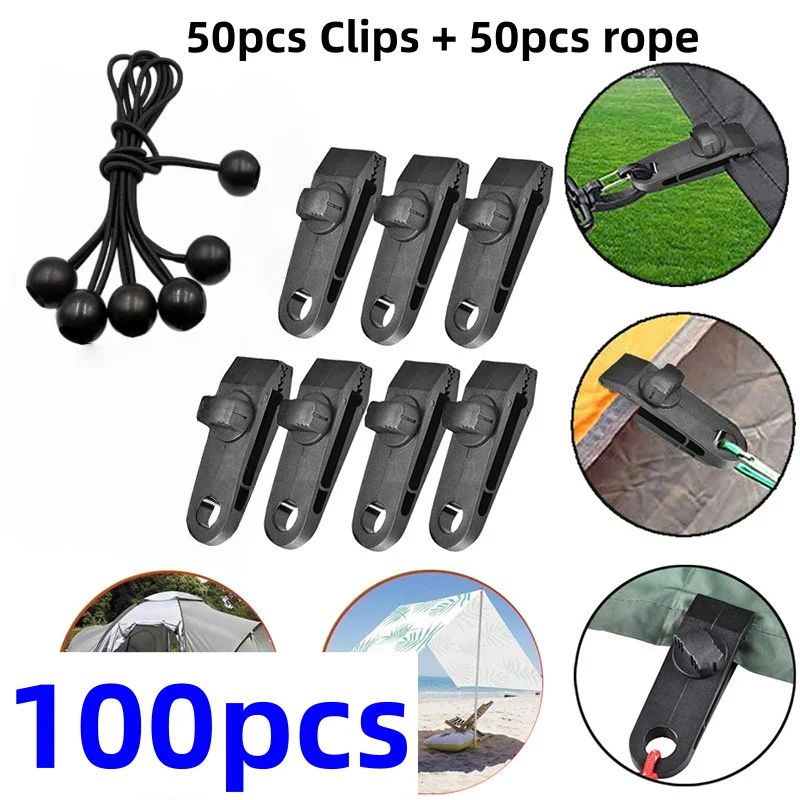 10/50/100 Stück Robuste Zeltclips mit Seil, Outdoor-Planenclips, feste Campingzelt-Haken, Krokodilklemmen, elastisches Kugelseil