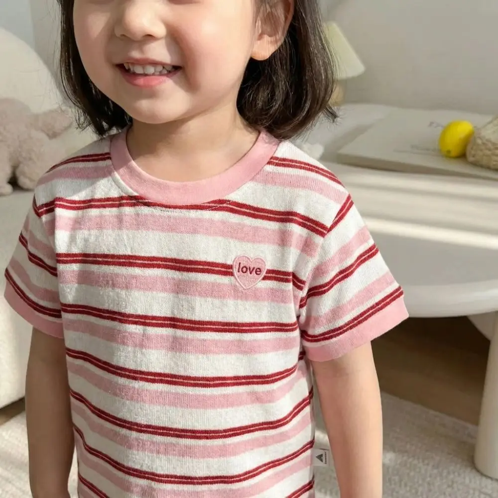 Cute Striped Print T-shirt Breathable Heart-shaped Embroidery Short Sleeved Oversized Korean Style Crop Tops Summer