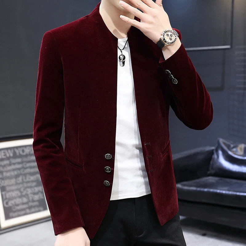 New boutique fashion handsome trend canary velvet small yuan collar suit Korean version slim handsome coat Yuan collar shirt