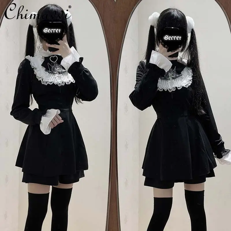 

Japanese Mass-Produced Lace Black White Patchwork Short/Long Sleeve Embroidered Dress Top Shorts 2Piece Set Womens Lolita Outfit