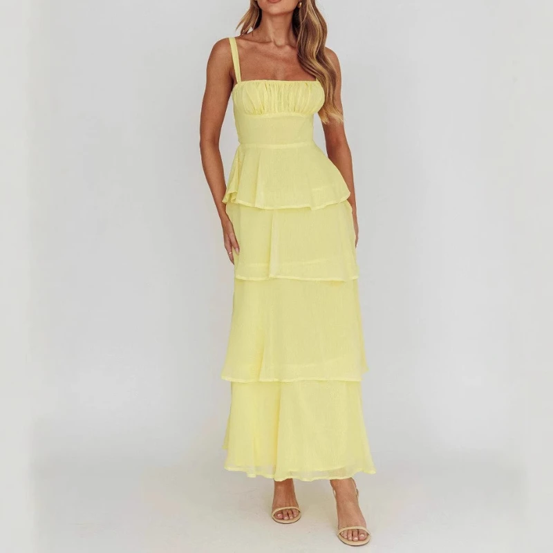 

Elegant Women Maxi Dress Suspender Straps U Neck Cake Skirt Tierred Ruffles Sleeveless Backless Dress Sexy Evening Party Summer