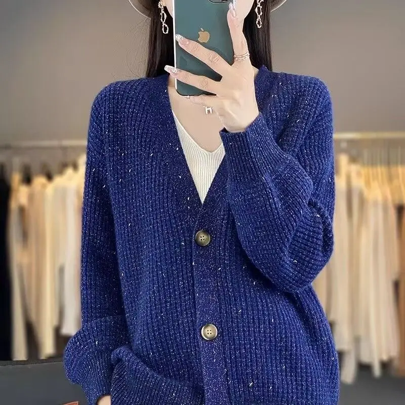 Spring Autumn Knitted Solid Color Cardigan Women's V-neck Sweater Jacket Versatile Korean Loose Long Sleeve Top Outer