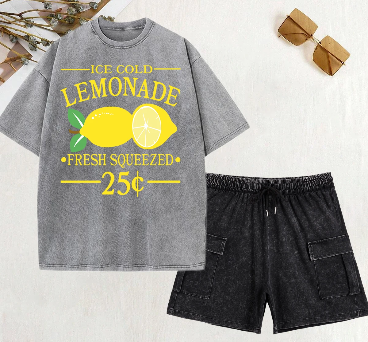 

Iced Cold Lemonade Fresh Squeezed Print Washed T-Shirts Sets Women Loose Casual T Shirt Summer Cotton Short Pants Y2K 2Pcs Set