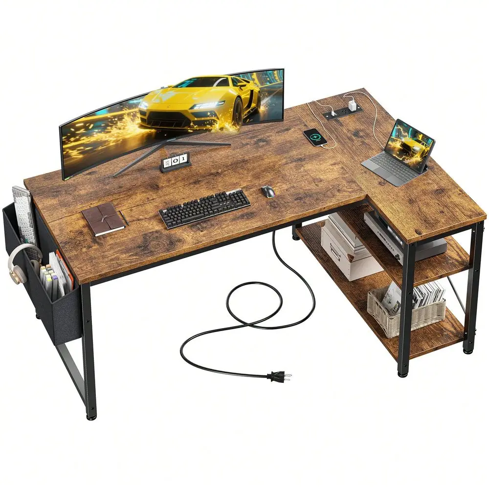 

LShaped Gaming Desk With Storage Shelves, Power Outlets Side Bag Corner Computer Desk For Small Spaces, Rustic Brown