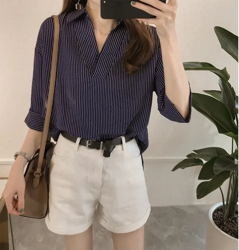 MRMT 2024 Brand New Women's Korean Version Of Loose Thin Striped Shirt Women's Thre -Quarter Sleeve Top All Match Break