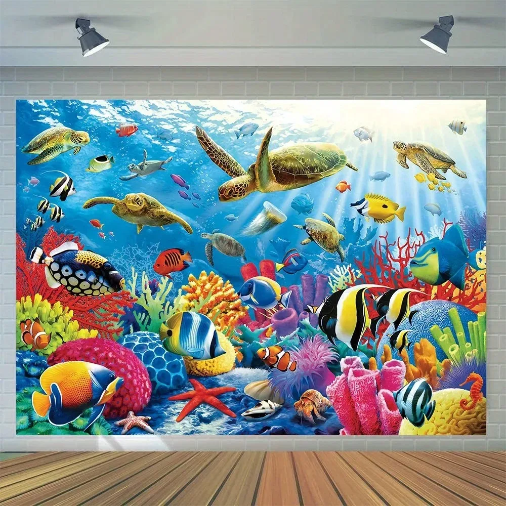 Underwater World Photography Backdrop Vibrant Turtle Fish Coral Seaweed Design for Summer Vacation Travel Room Mural