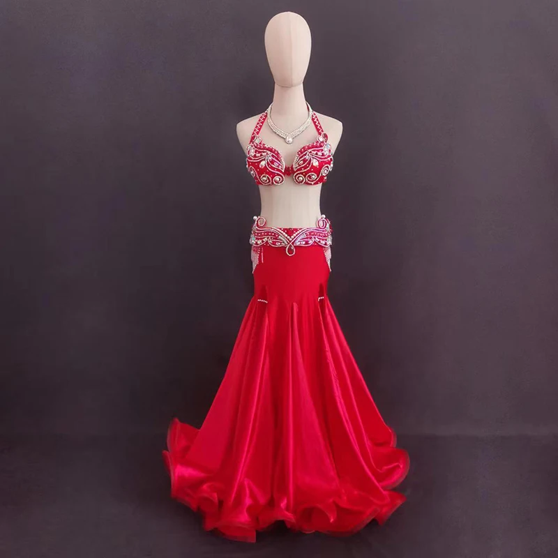 

Belly Dance Competition Costume Set for Women Belly Dancing Stones Bra+belt+ Fishtail Skirt 3pcs Suit Female Original Dance Wear