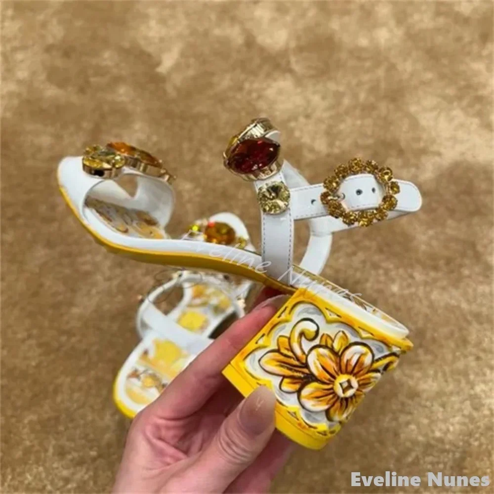 Luxurious Gemstone Painted Sandals Women Round Toe Chunky Heel Party Sandals 2025 New 6/10Cm High Heels Beach Vacation Sandals