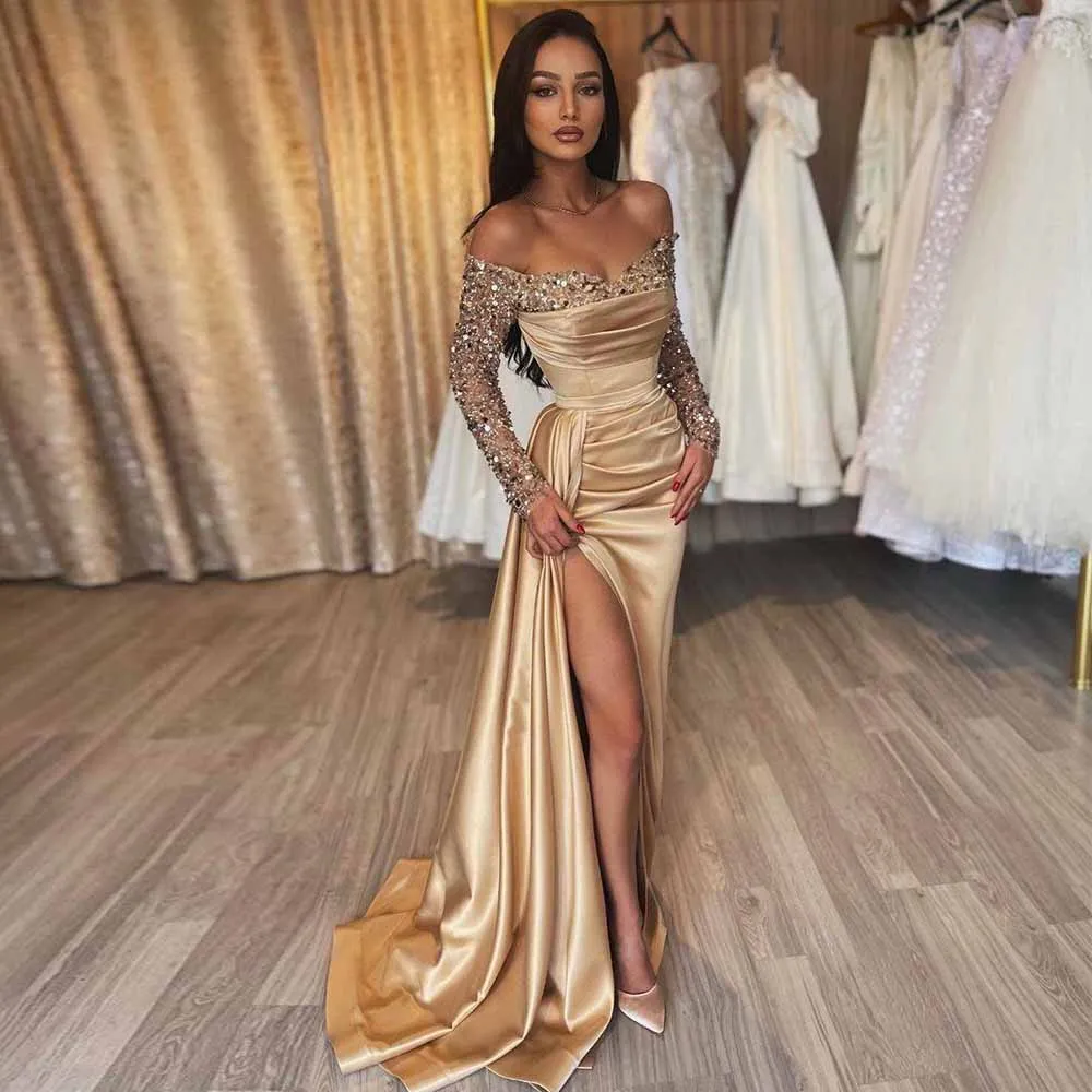 

Luxury Evening Dresses 2025 Satin Sheath/Column Celebrity Dress Champagne Off-the-shoulder Beadings Draped Evening Dress Long