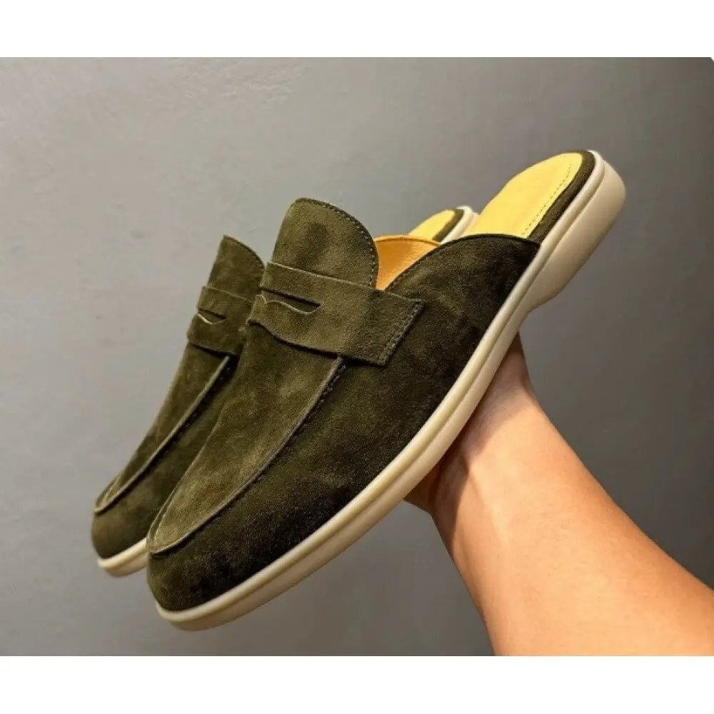 Luxury Olive Suede Backless Loafers – All-Day Comfort, Versatile Smart-Casual Wear