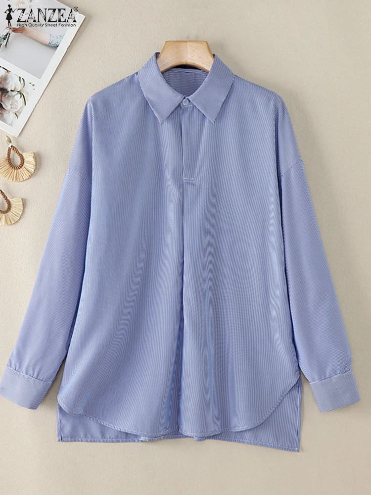 ZANZEA Elegant Women\'s Shirts Loose Casual Turn-Down Collar Office Wear Long Sleeve Blouses Leisure Commute Striped Long Tops