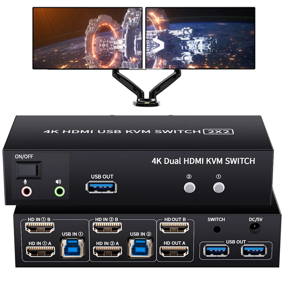 Dual Monitor HDMI KVM Switch 2X2 USB 3.0/2.0 4K 60Hz Extended Display HDMI KVM Switch 2 Monitors 2 Computers USB Sharing KVM