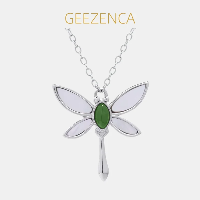 

GEEZENCA 925 Sterling Silver Jasper Dragonfly Pendant Necklace Woment White Mother of Pearl Big Cute Insect Necklaces Cute Gift