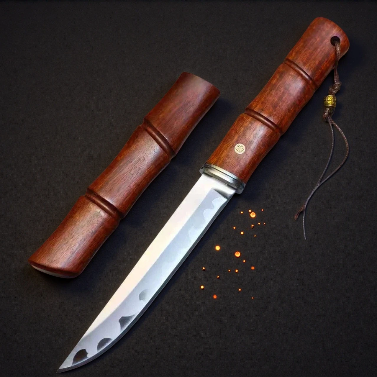 Kitchen Knife Set Beautifully Corroded Pattern Double Solid Wood Splice Copper Head Handle High Hardness Steel Carving Knife