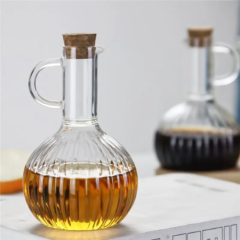 Household 350ml Heat- Glass Oil Pot with Wooden Stand, Liquid Seasoning Bottle, Striped Sauce and Vinegar